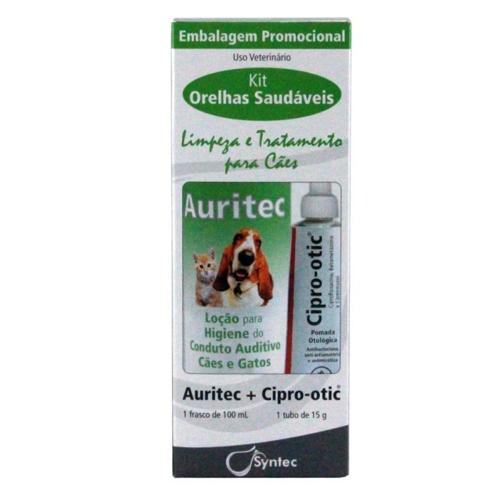 Kit Otológico Auritec 100 ml + Cipro Otic 15g para Cães proporcionam limpeza e saúde para os cães associando dois produtos para o tratamento de otites agudas.