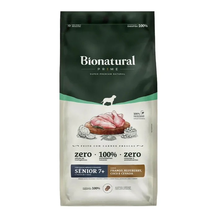 Bionatural Prime Sênior 7+ Raças Médias e Grandes Frango, Blueberry, Coco e Cevada 15kg – Ração para Cães Idosos