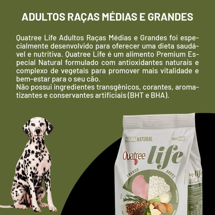 Ração Quatree Life para Cães Adultos de Raças Médias e Grandes Sabor Frango e Arroz